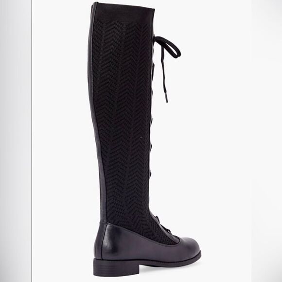 Polly Black Caviar Herringbone Textile Knit Tall Lace Up Pull On Combat Boots - Picture 3 of 16
